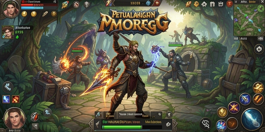 Tampilan gameplay epik dalam dunia fantasi MMORPG.