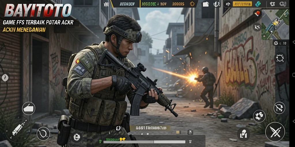 Tampilan gameplay menegangkan dalam BAYITOTO dengan aksi FPS yang cepat.