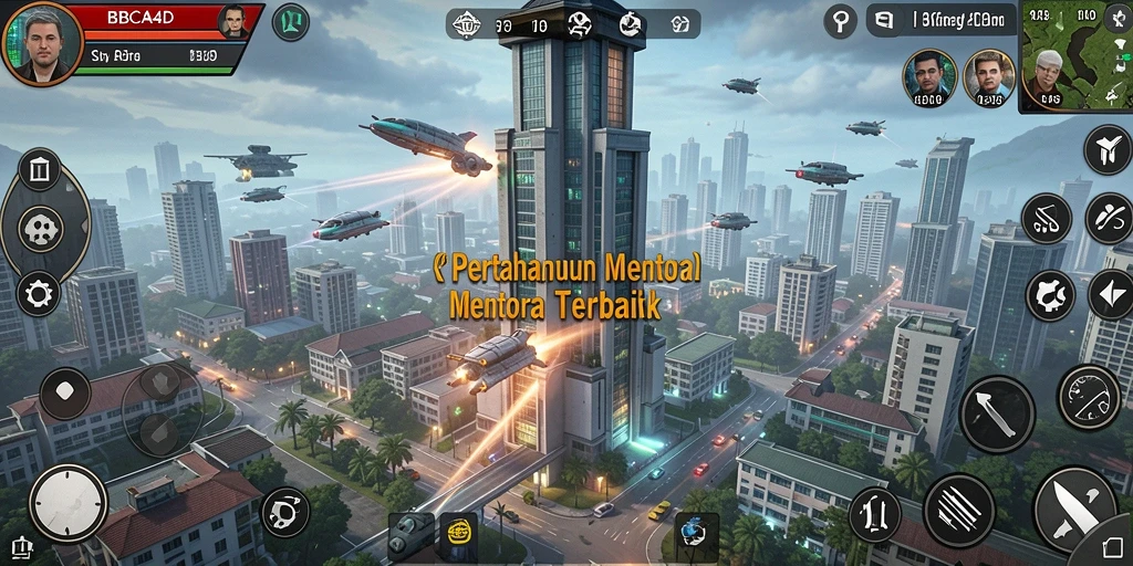Screenshot gameplay menunjukkan menara yang beragam dan serangan musuh yang intens.