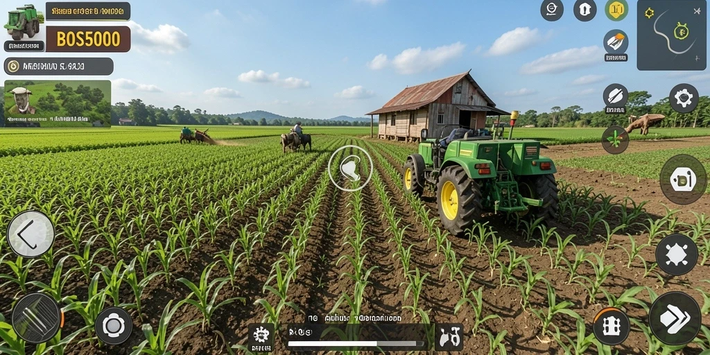 Screenshot gameplay BOS5000 yang menampilkan suasana pertanian yang cerah.