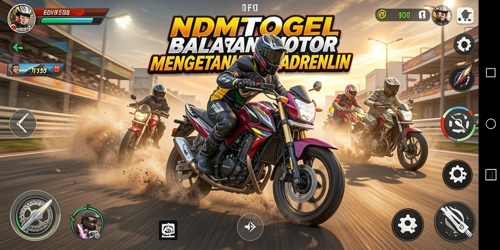 Screenshot utama NDMTOGEL menunjukkan gameplay balapan motor yang seru.