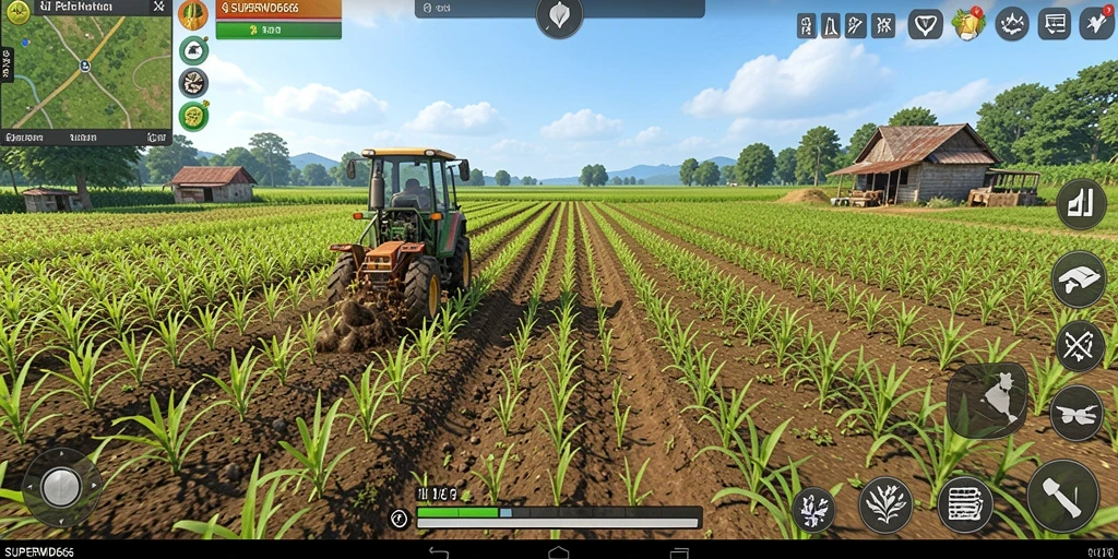 Tampilan gameplay yang menarik dengan ladang yang subur dan hewan ternak.